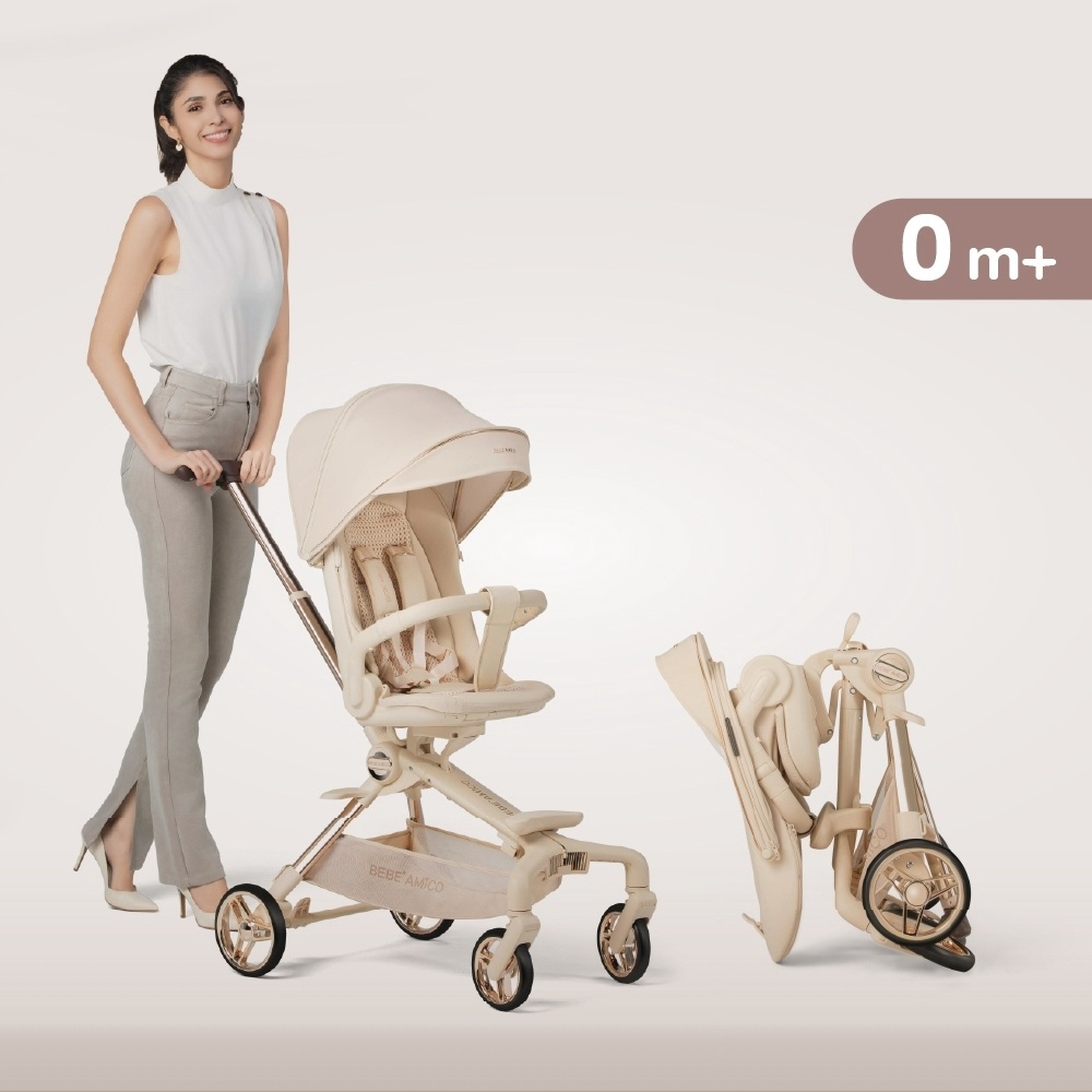 รถเข็นเด็กพับได้ BEBE AMICO สีครีม ดีไซน์หรูหรา แบรนด์ชั้นนำจากอิตาลี เหมาะสำหรับเด็กแรกเกิดขึ้นไป (0m+) พับเก็บง่าย น้ำหนักเบา