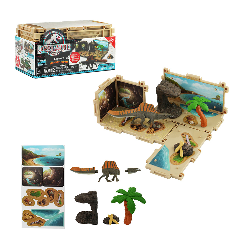 JURASSIC WORLD SCIENCE GONE WRONG SPINOSAURUS BEACH SCENE ชุดของเล่นพร้อมฉากจำลอง