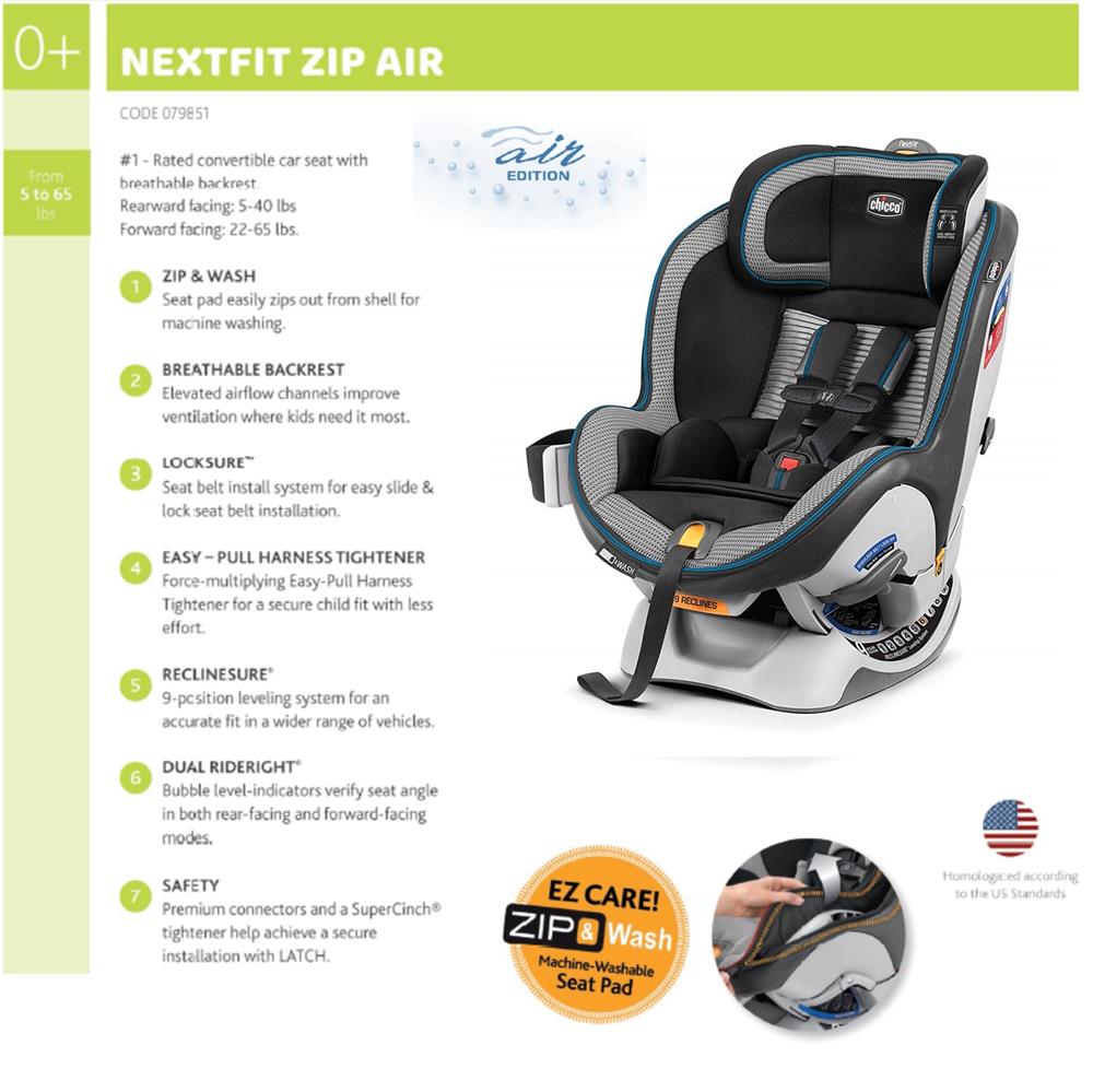 Chicco NextFit Zip Air Convertible Child Safety Baby Car Seat Azzurro NEW